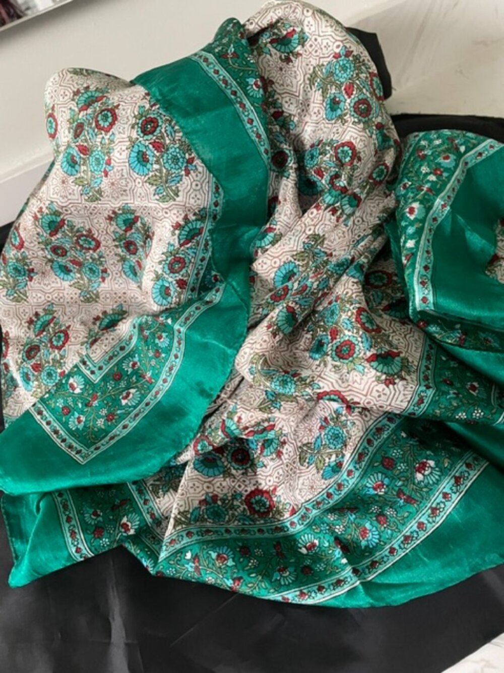 Vintage Pure Silk India Green Brder / Floral Scarf